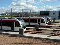line up of trams at Gogar Depot