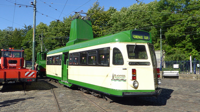 Blackpool Electric Locomotive (717) tows Blackpool Brush Car 630 at Crich